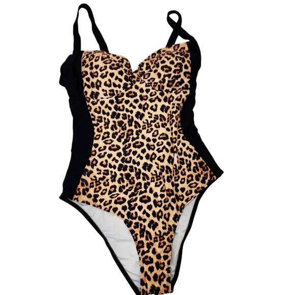 Leopard Print One-Piece Swimsuit With Lace-Up Back & Adjustable Straps Size L - Picture 1 of 5